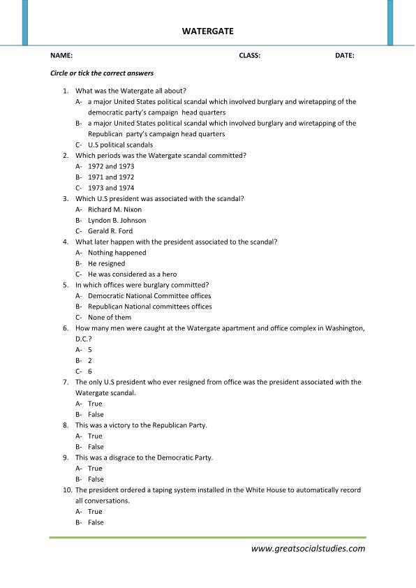 Watergate Scandal Summary Watergate Affair Student Activity Worksheets GREAT SOCIAL STUDIES